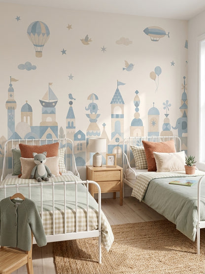 Hot Air Balloon Wallpaper Pastel Cityscape Kids Removable Wall Decor