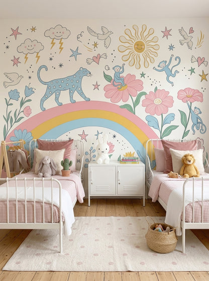 White Background Wallpaper Pastel Kids Removable Whimsical Wall Decor