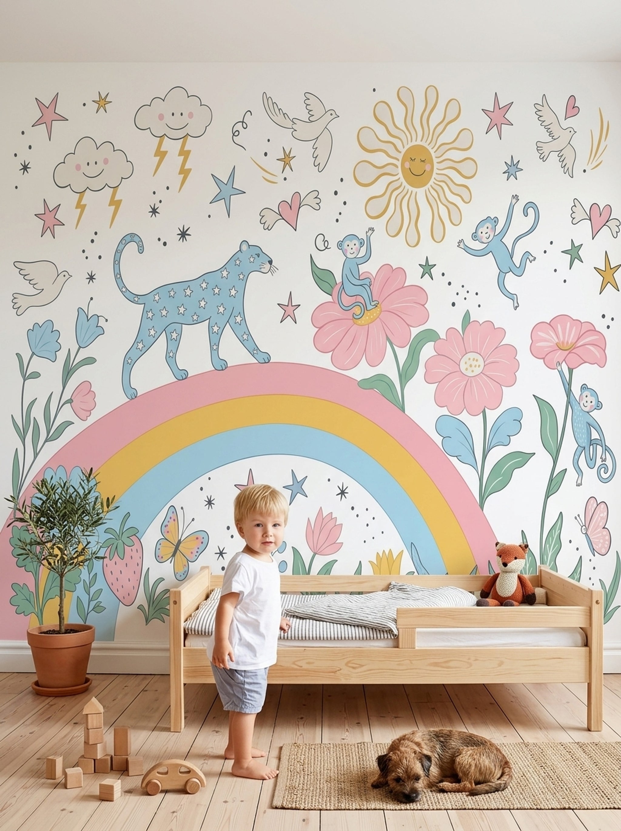 White Background Wallpaper Pastel Kids Removable Whimsical Wall Decor