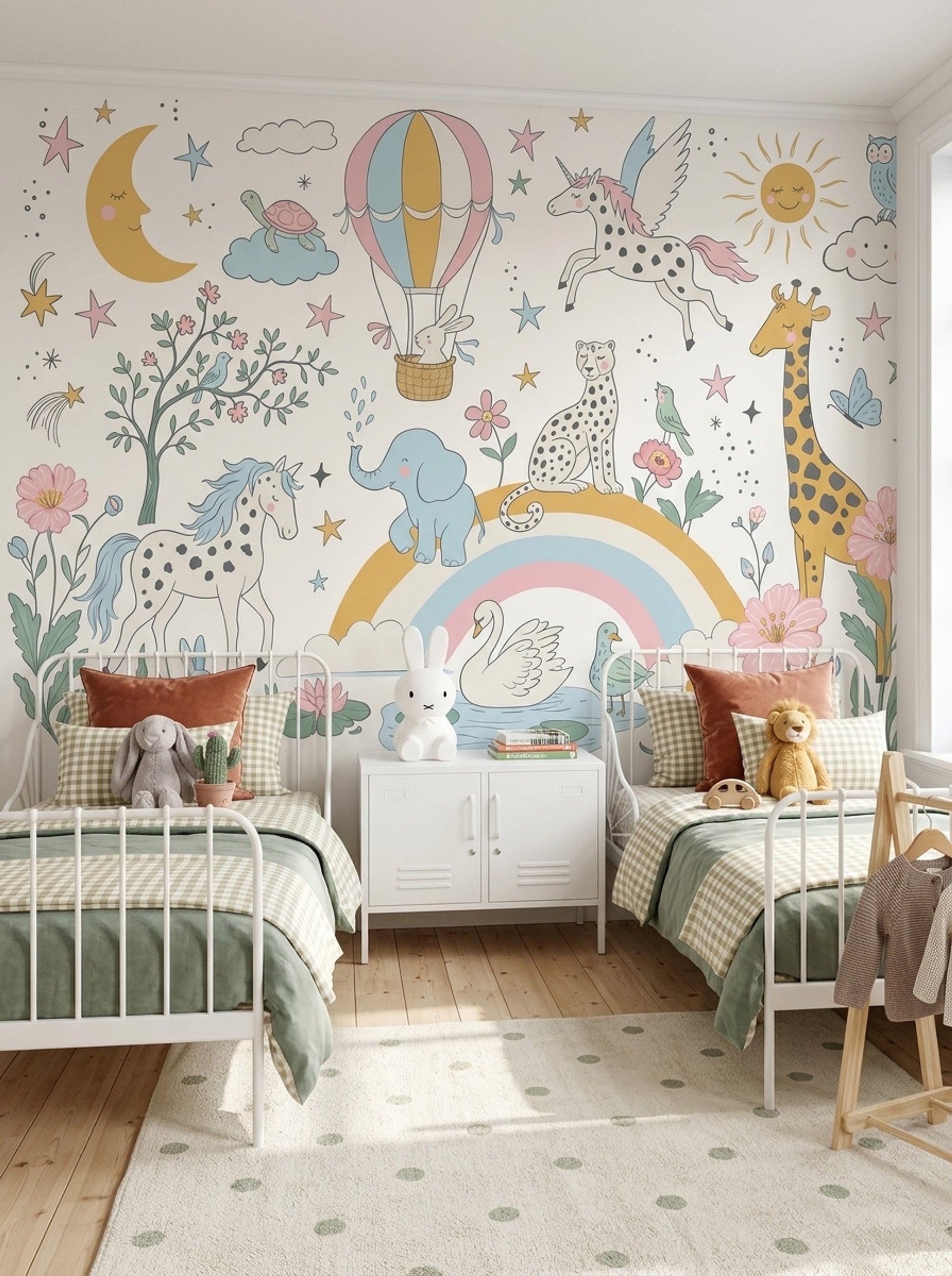 White Background Wallpaper Hot Air Balloon Rainbow Wall Mural
