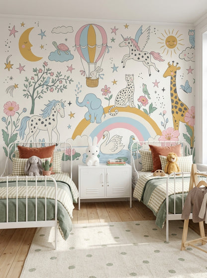 White Background Wallpaper Hot Air Balloon Rainbow Wall Mural