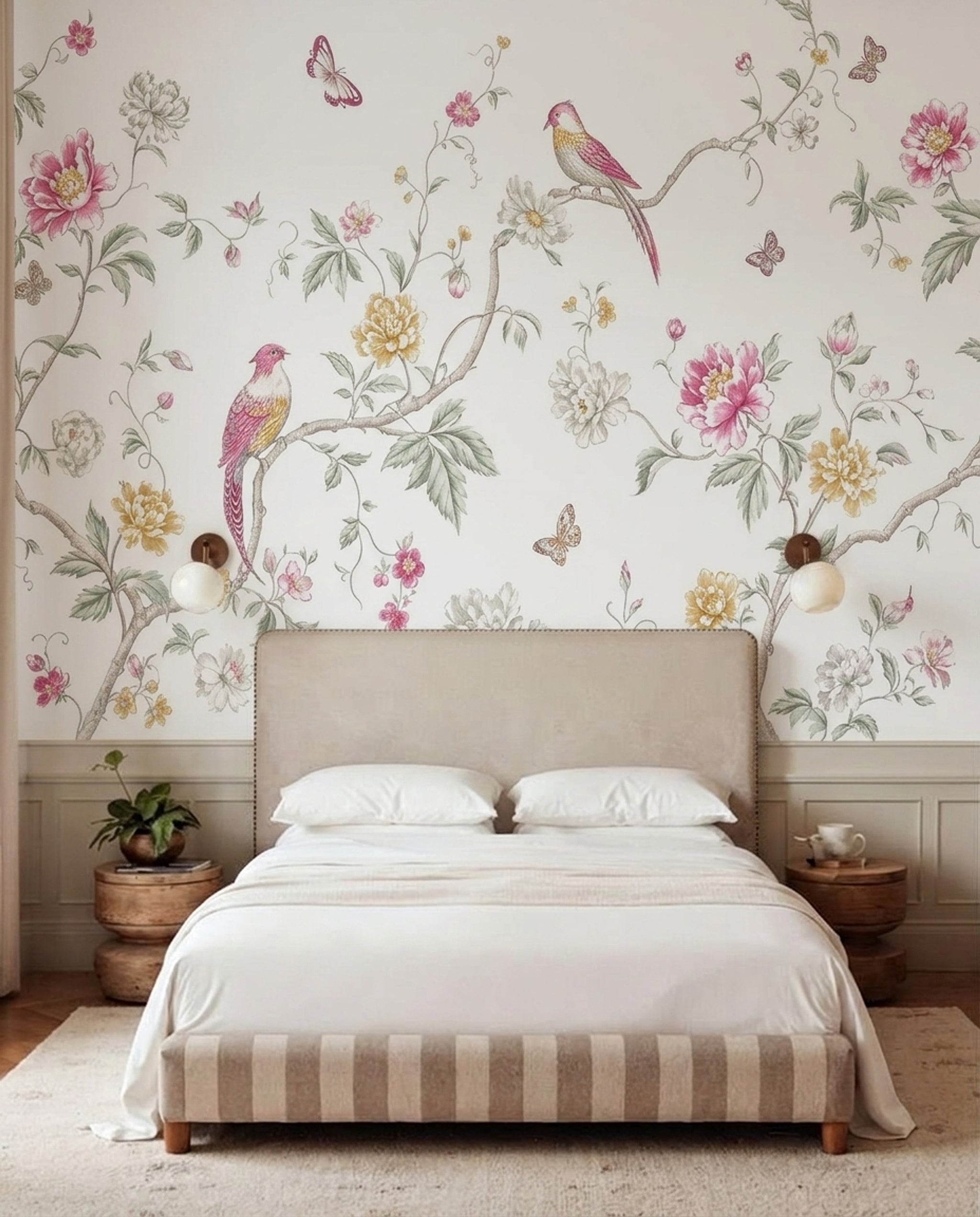 White Background Wallpaper Floral Removable Botanical Wall Decor
