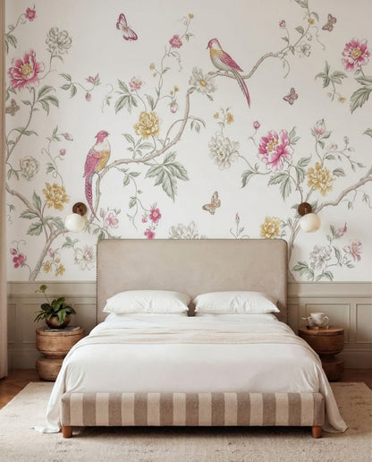 White Background Wallpaper Floral Removable Botanical Wall Decor