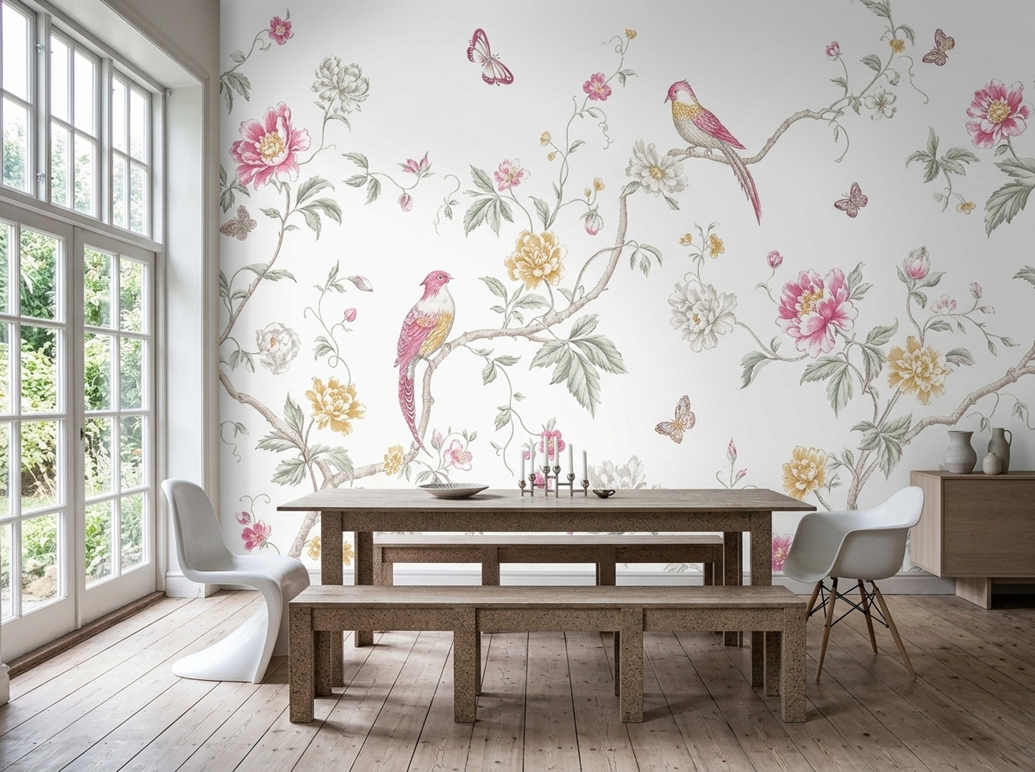 White Background Wallpaper Floral Removable Botanical Wall Decor