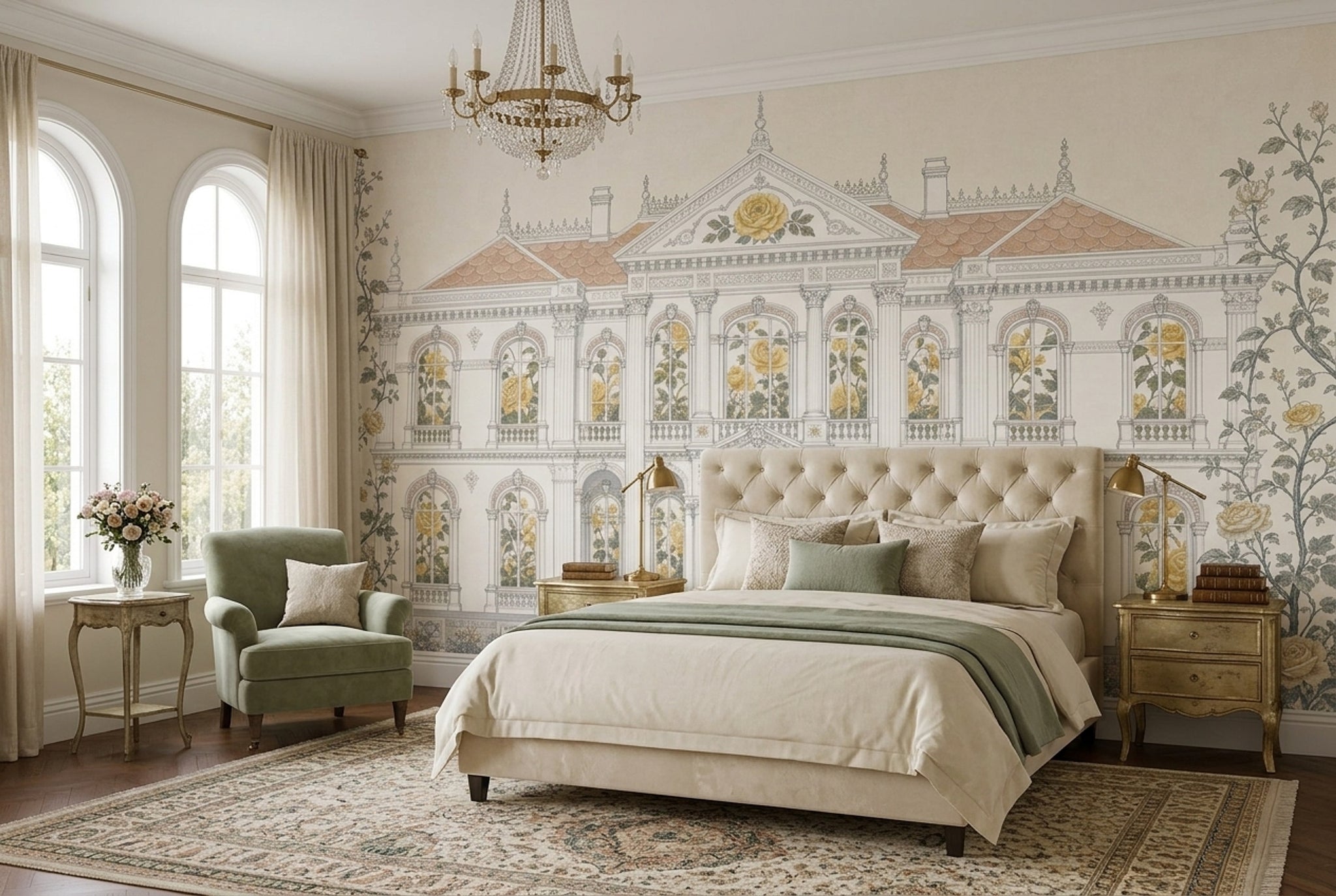 French Chateau Wallpaper Mansion Roses Wall Mural