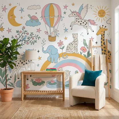 White Background Wallpaper Hot Air Balloon Rainbow Wall Mural