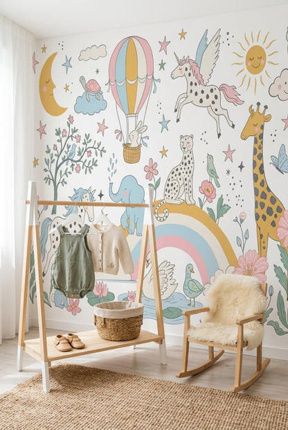 White Background Wallpaper Hot Air Balloon Rainbow Wall Mural