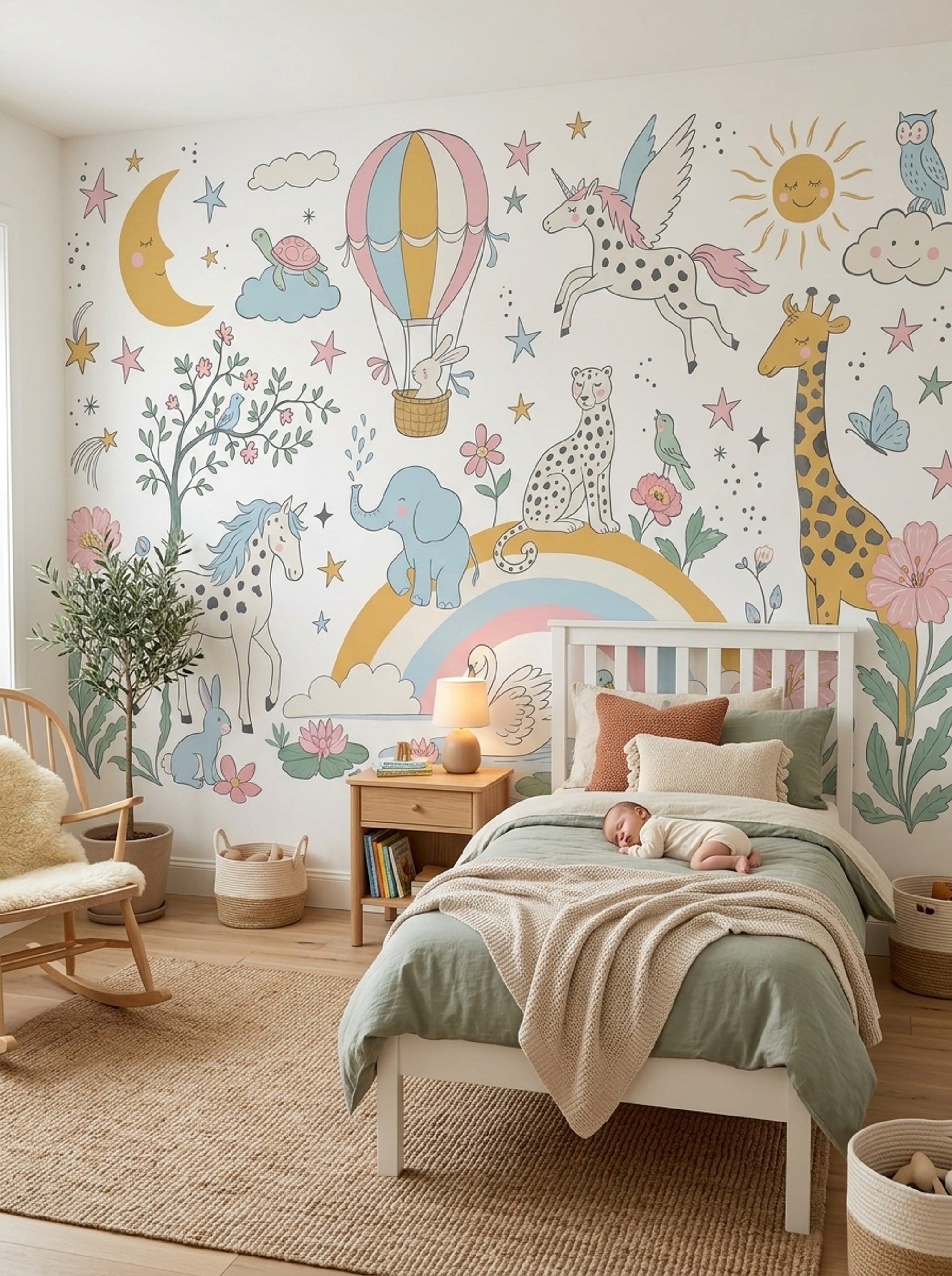 White Background Wallpaper Hot Air Balloon Rainbow Wall Mural