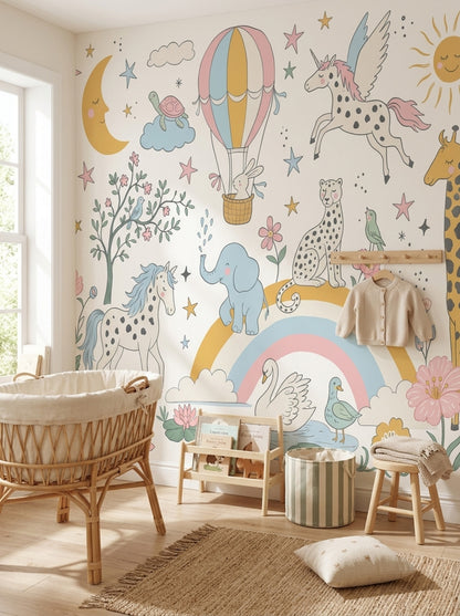 White Background Wallpaper Hot Air Balloon Rainbow Wall Mural