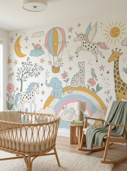 White Background Wallpaper Hot Air Balloon Rainbow Wall Mural
