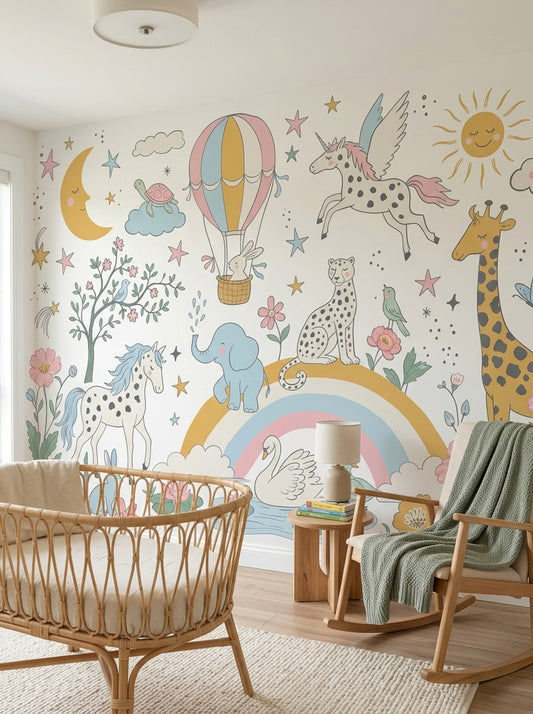 White Background Wallpaper Hot Air Balloon Rainbow Wall Mural