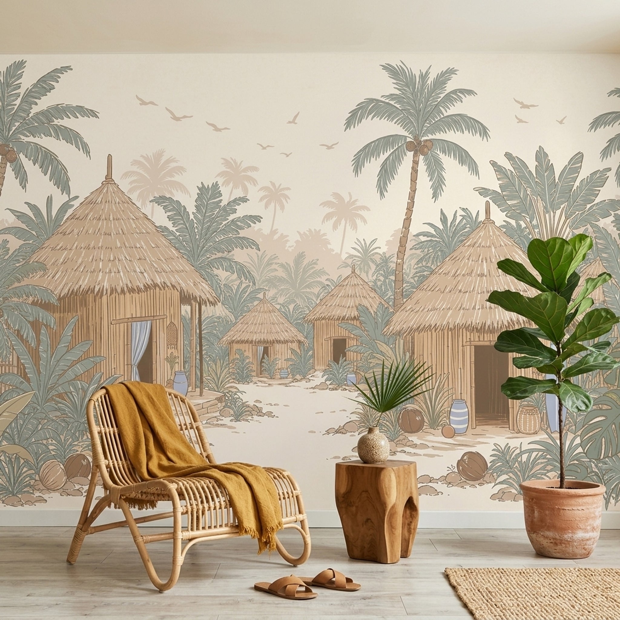 Tropical Village Wallpaper Thatched Huts Removable Palm Trees Wall Decor