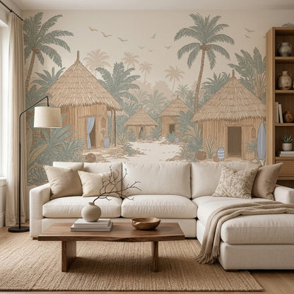 Tropical Village Wallpaper Thatched Huts Removable Palm Trees Wall Decor