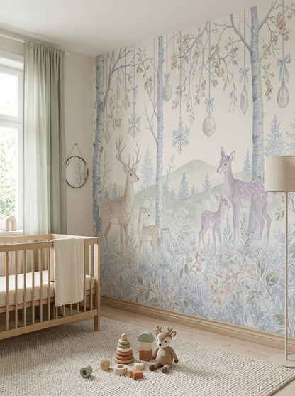 Winter Woodland Wallpaper Deer Removable Birch Trees Wall Decor