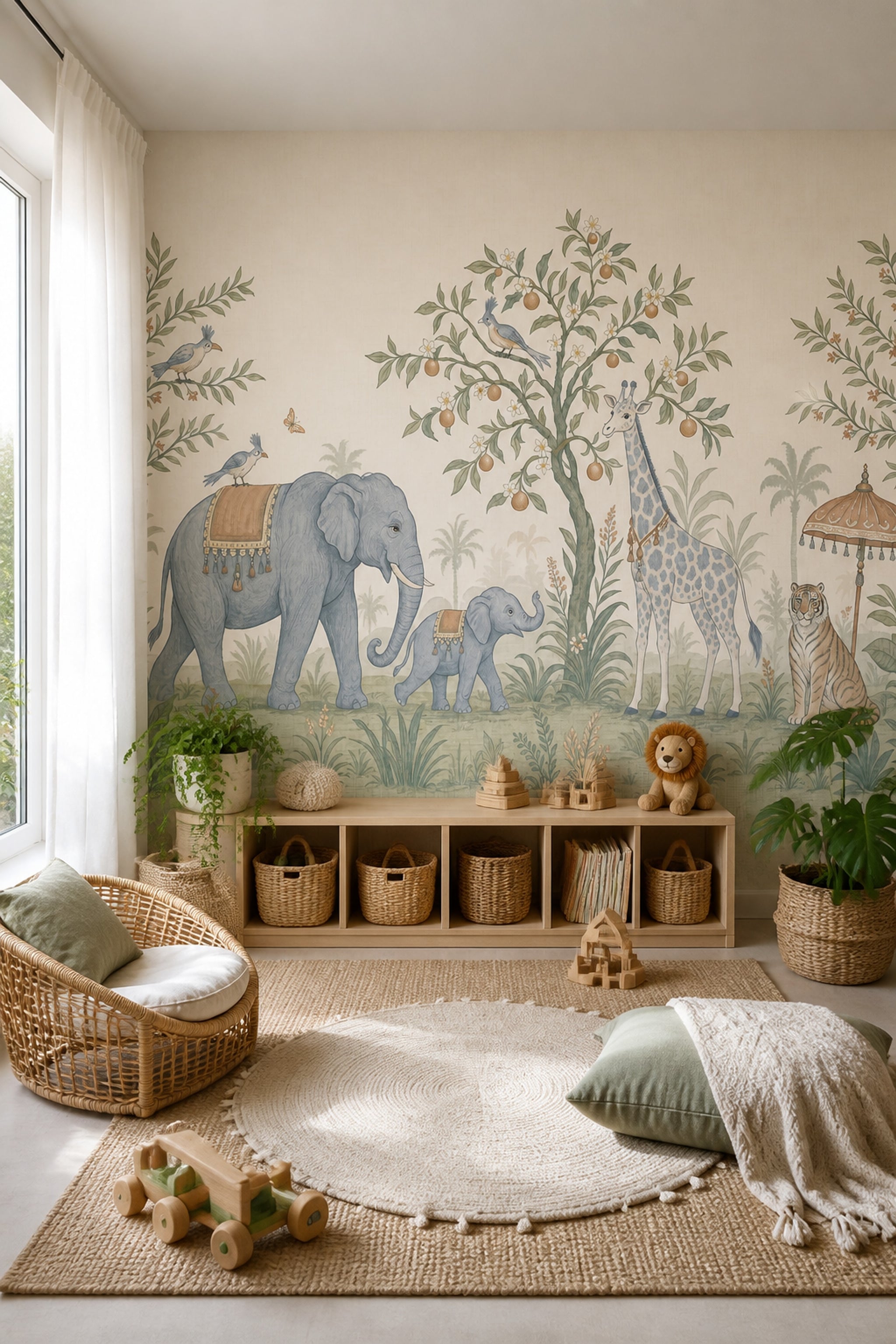 Tropical Safari Wallpaper Jungle Animals Removable Botanical Mural Wall Decor