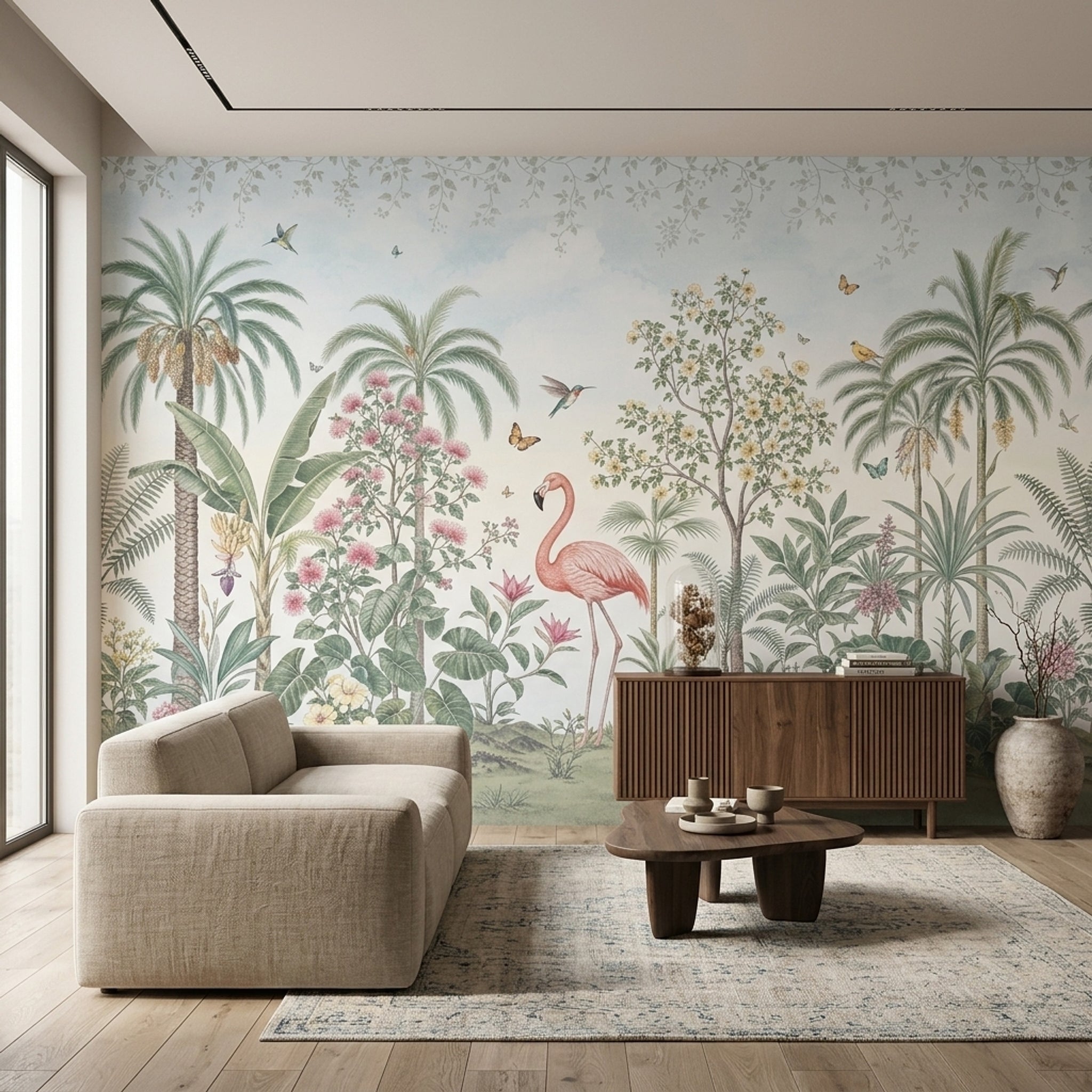 Tropical Garden Wallpaper Flamingo Hummingbirds Wall Mural