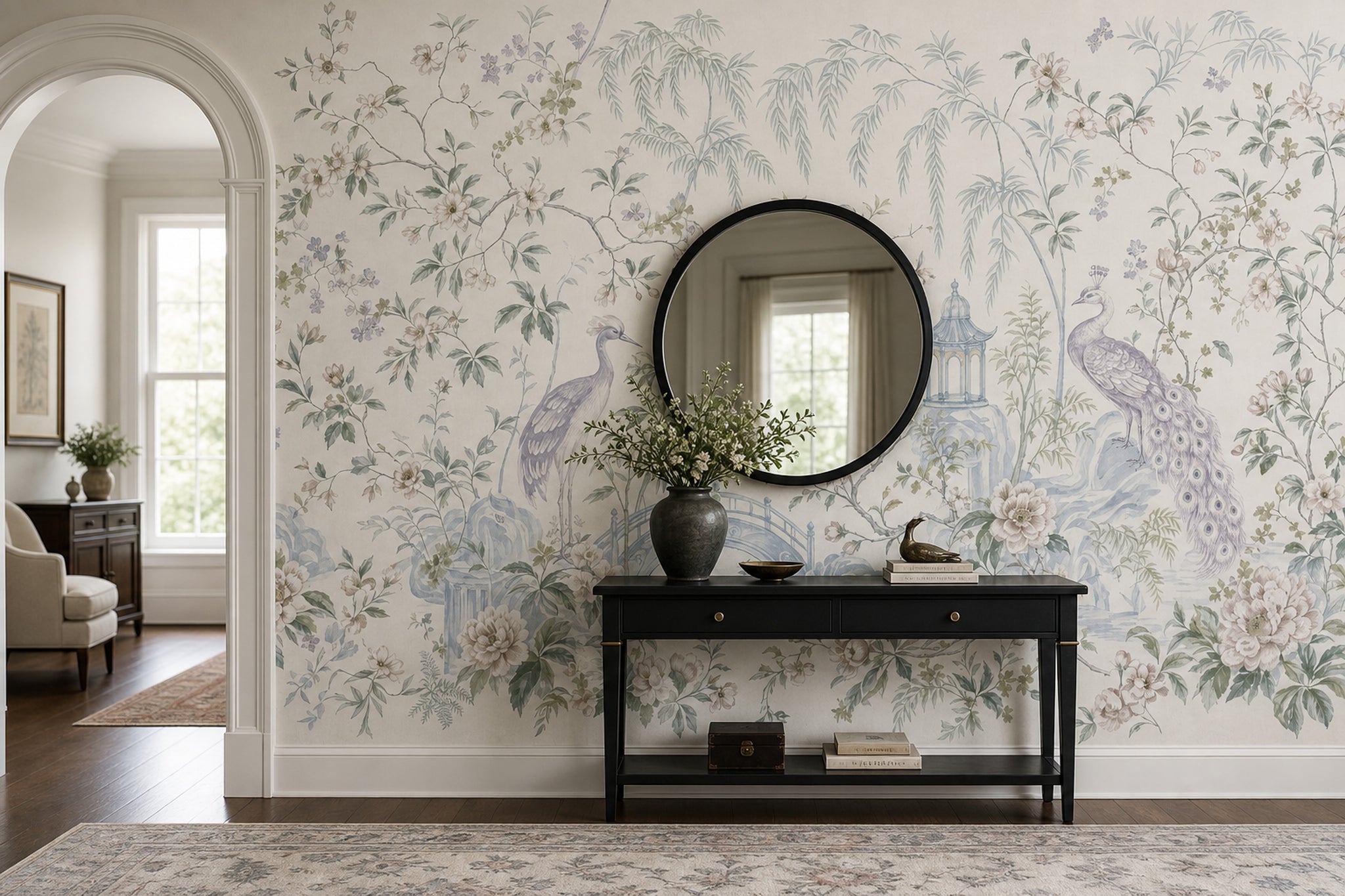 Chinoiserie Wallpaper Peacock Pagoda Removable Wall Decor