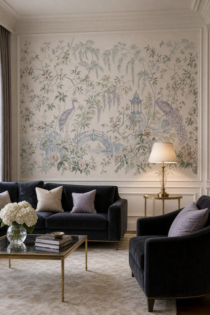 Chinoiserie Wallpaper Peacock Pagoda Removable Wall Decor