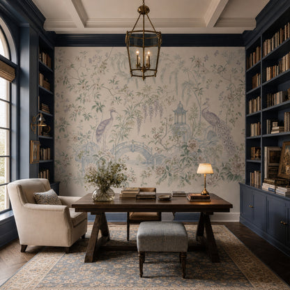 Chinoiserie Wallpaper Peacock Pagoda Removable Wall Decor