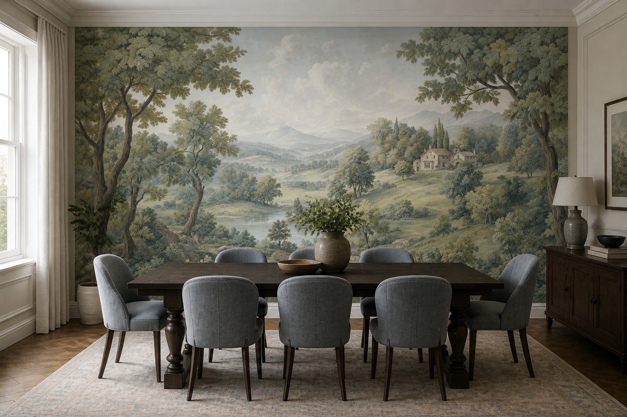 Cloudy Sky Wallpaper Pastoral Landscape Rustic Villa Wall Mural