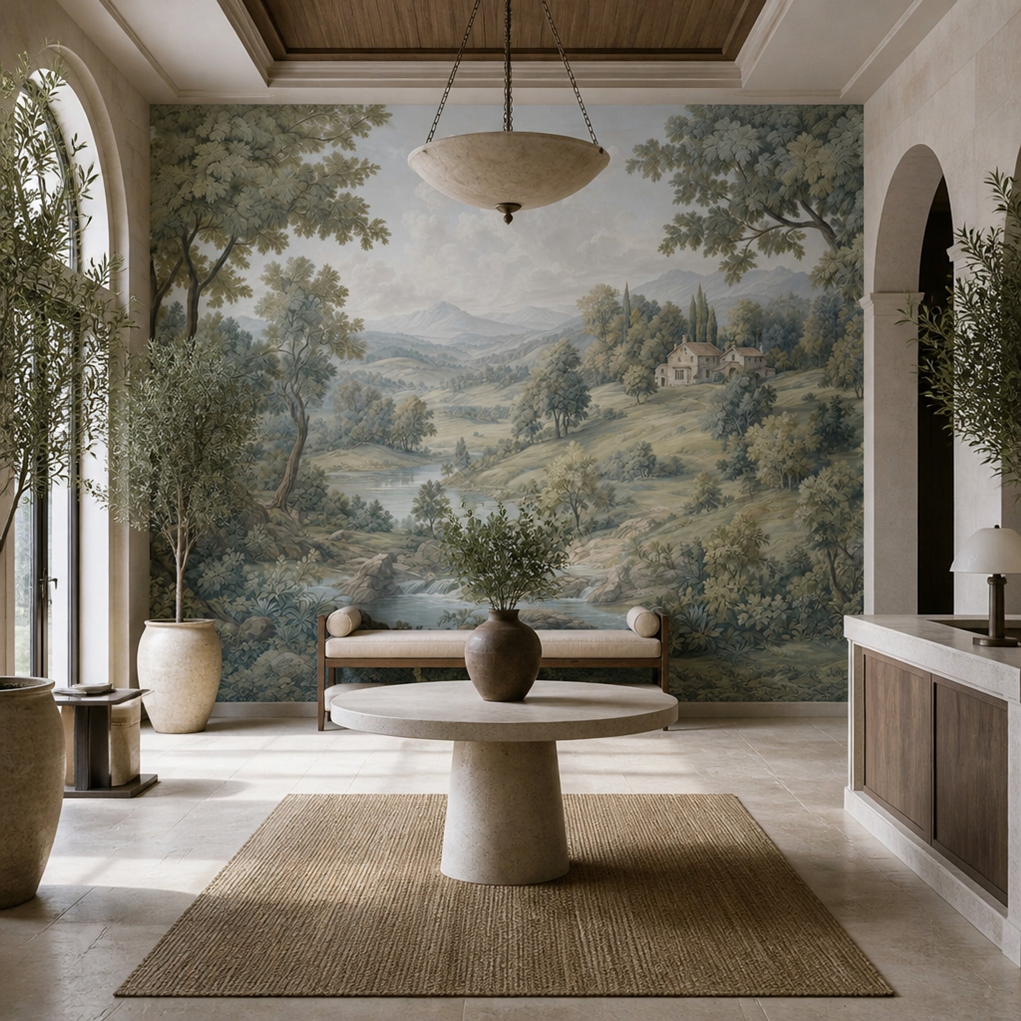 Cloudy Sky Wallpaper Pastoral Landscape Rustic Villa Wall Mural