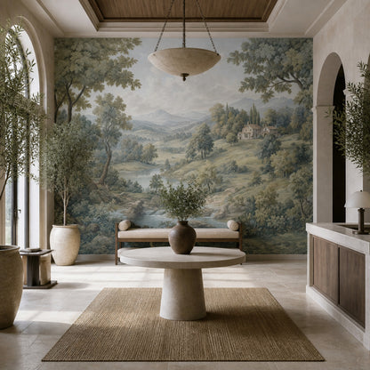 Cloudy Sky Wallpaper Pastoral Landscape Rustic Villa Wall Mural