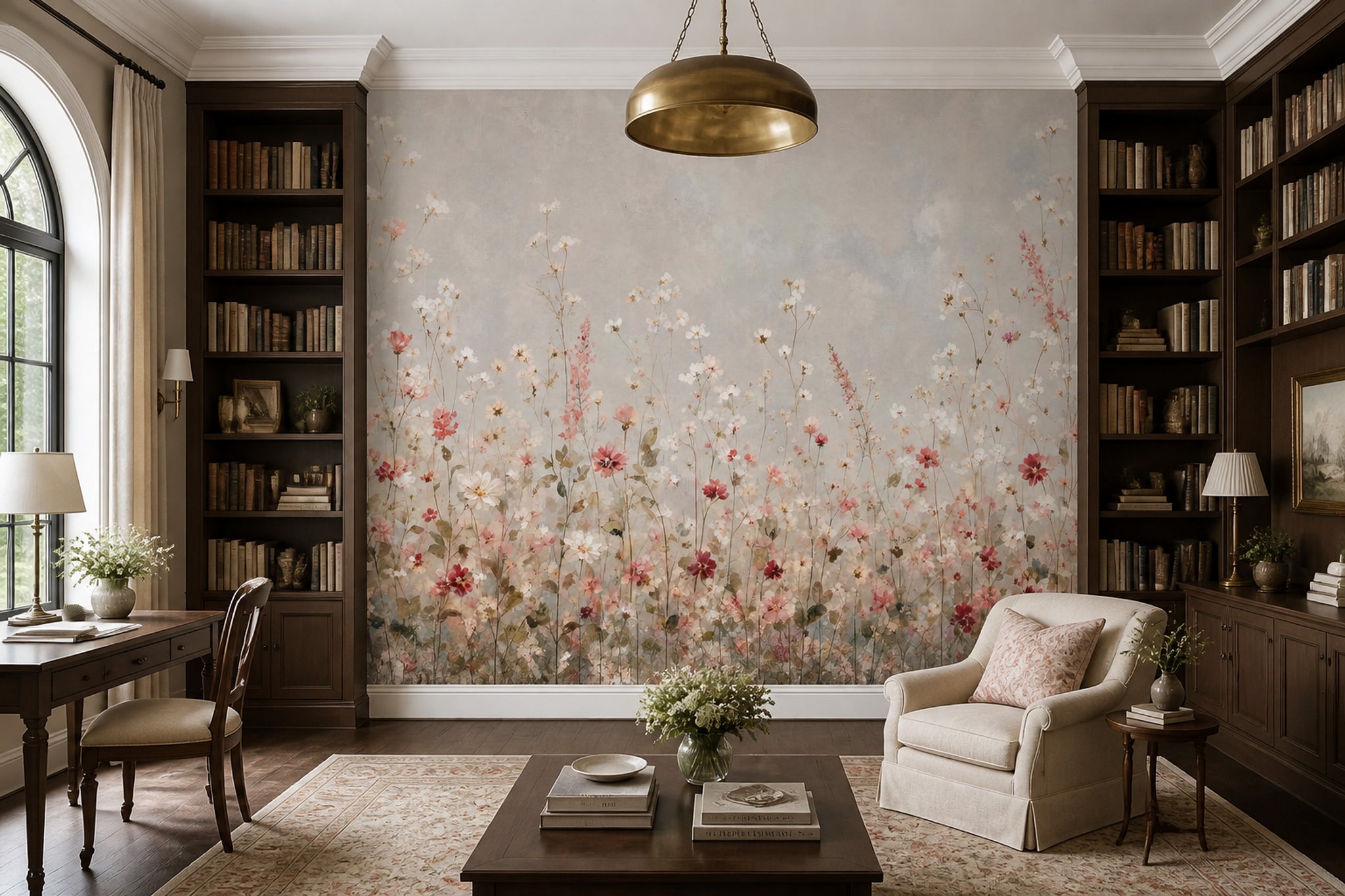 Muted Green Wallpaper Wildflowers Watercolor Wall Mural