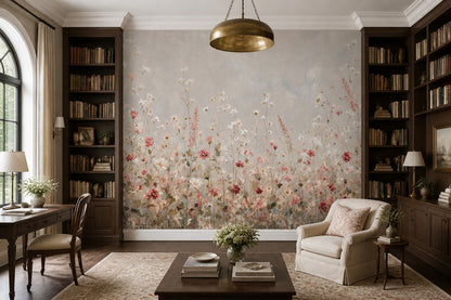 Muted Green Wallpaper Wildflowers Watercolor Wall Mural