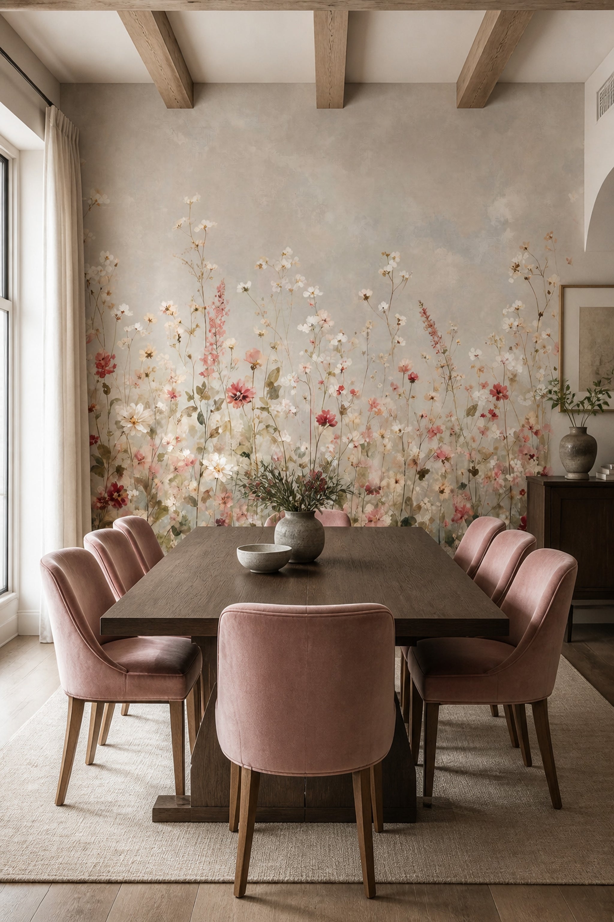 Muted Green Wallpaper Wildflowers Watercolor Wall Mural