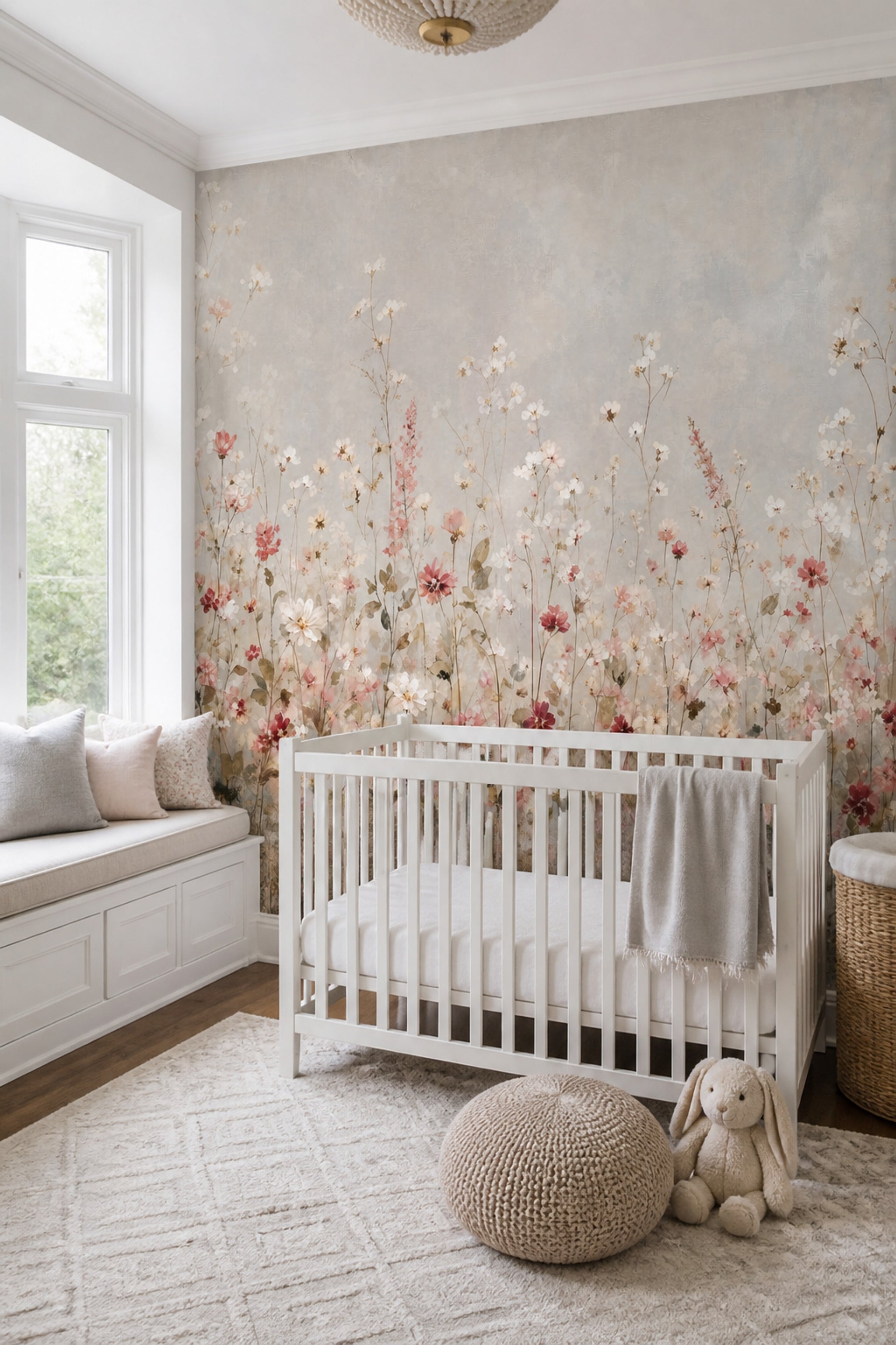 Muted Green Wallpaper Wildflowers Watercolor Wall Mural