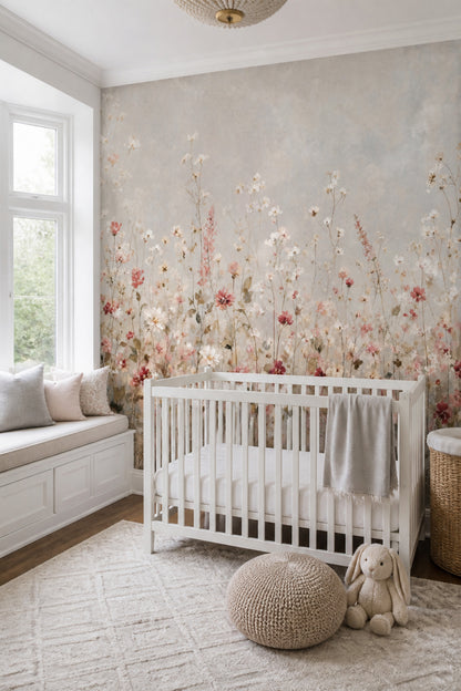 Muted Green Wallpaper Wildflowers Watercolor Wall Mural