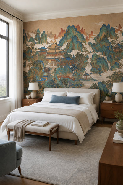 Muted Green Wallpaper Chinoiserie Removable Landscape Wall Decor