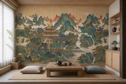 Muted Green Wallpaper Chinoiserie Removable Landscape Wall Decor