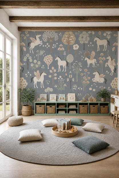 Winged Unicorn Wallpaper Floral Fantasy Garden Removable Wall Decor