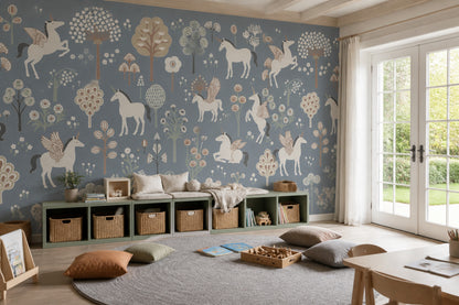 Winged Unicorn Wallpaper Floral Fantasy Garden Removable Wall Decor