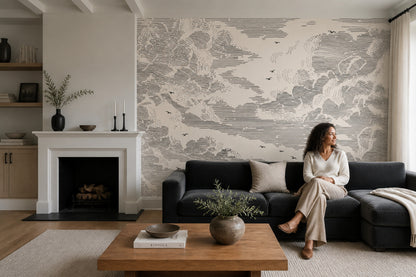 Cloudscape Wallpaper Ivory Background Removable Black Linework Wall Decor