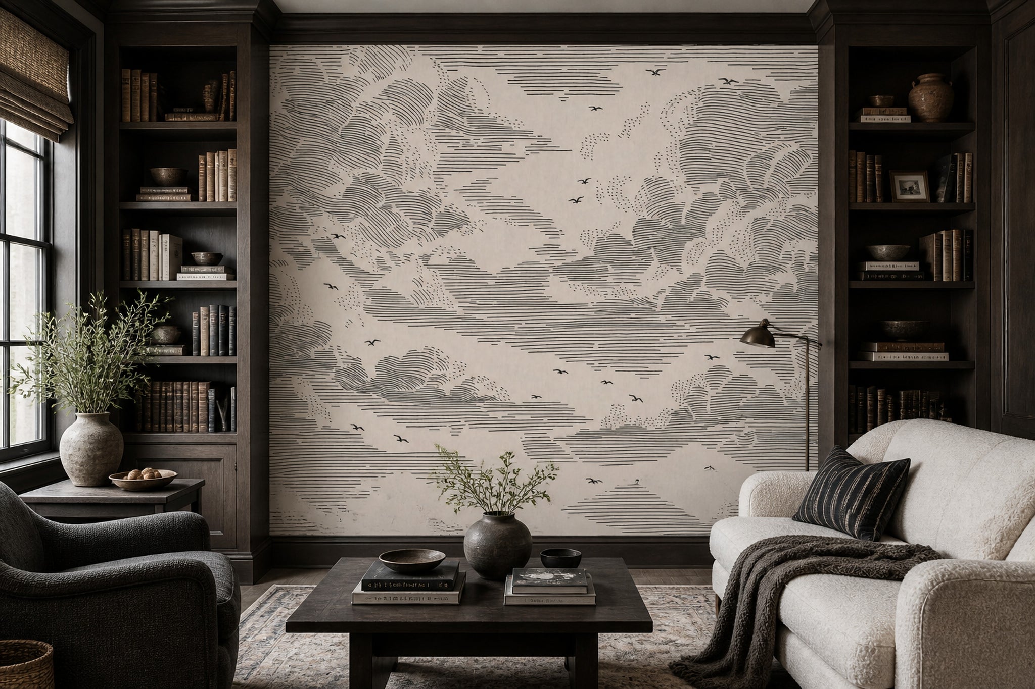 Cloudscape Wallpaper Ivory Background Removable Black Linework Wall Decor