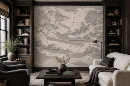 Cloudscape Wallpaper Ivory Background Removable Black Linework Wall Decor