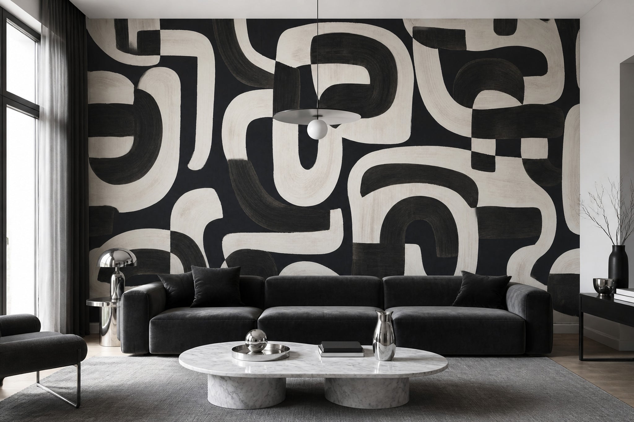 Black And Ivory Wallpaper Brushstroke Curved Lines Removable Wall Decor