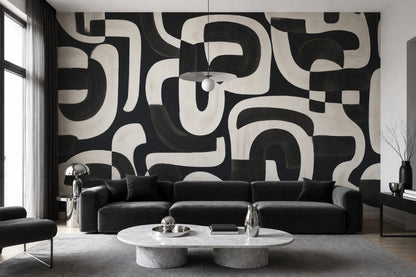 Black And Ivory Wallpaper Brushstroke Curved Lines Removable Wall Decor