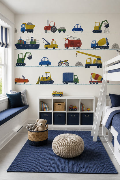 White Background Wallpaper Kids Room Construction Vehicles Wall Mural