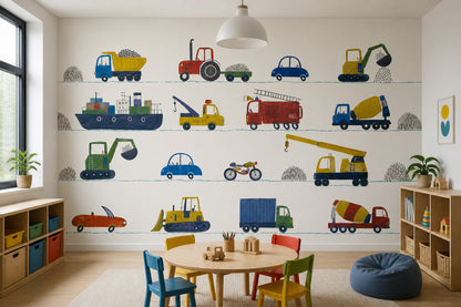 White Background Wallpaper Kids Room Construction Vehicles Wall Mural
