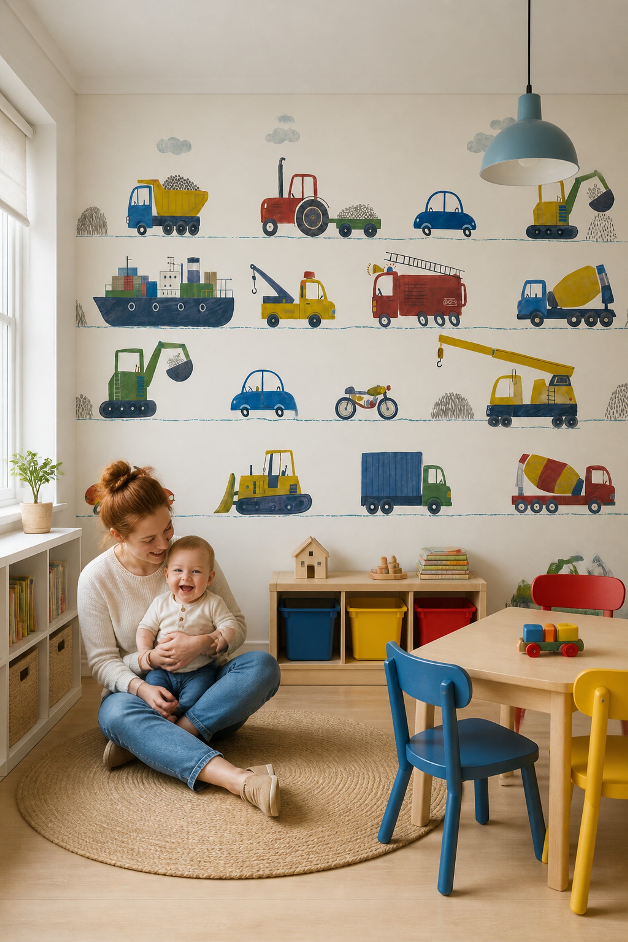 White Background Wallpaper Kids Room Construction Vehicles Wall Mural