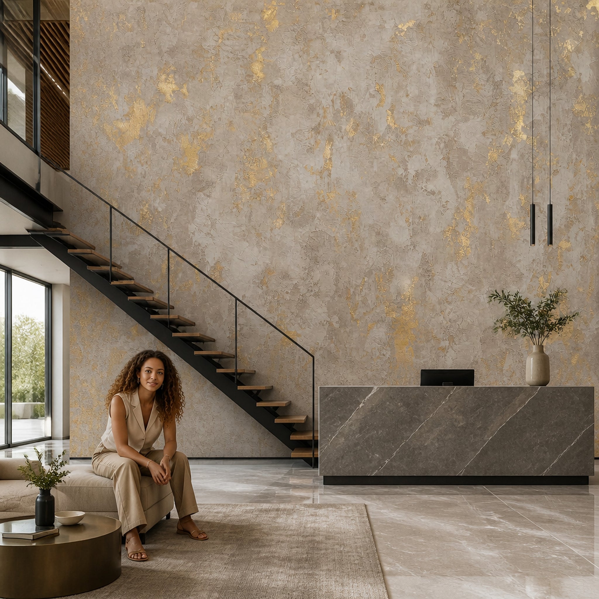 Textured Plaster Wallpaper Gold Metallic Concrete Wall Mural