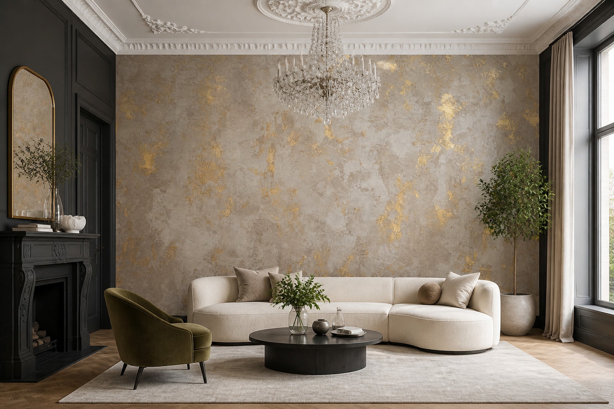 Textured Plaster Wallpaper Gold Metallic Concrete Wall Mural