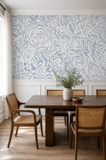 Blue Floral Wallpaper Botanical Roses Wall Mural