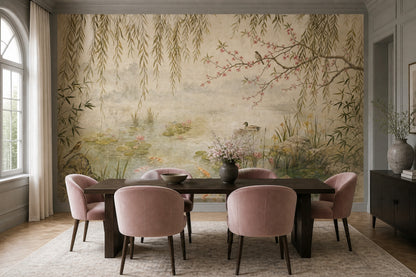 Water Lilies Wallpaper Willow Branches Pond Garden Removable Wall Decor