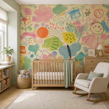 Childrens Art Wallpaper Crayon Doodles Whimsical Wall Mural