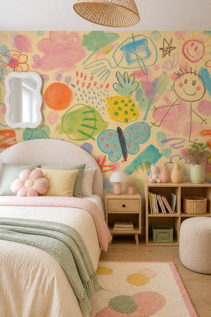 Childrens Art Wallpaper Crayon Doodles Whimsical Wall Mural