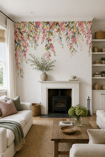 Watercolor Floral Wallpaper Hanging Vines Botanical Garland Wall Mural